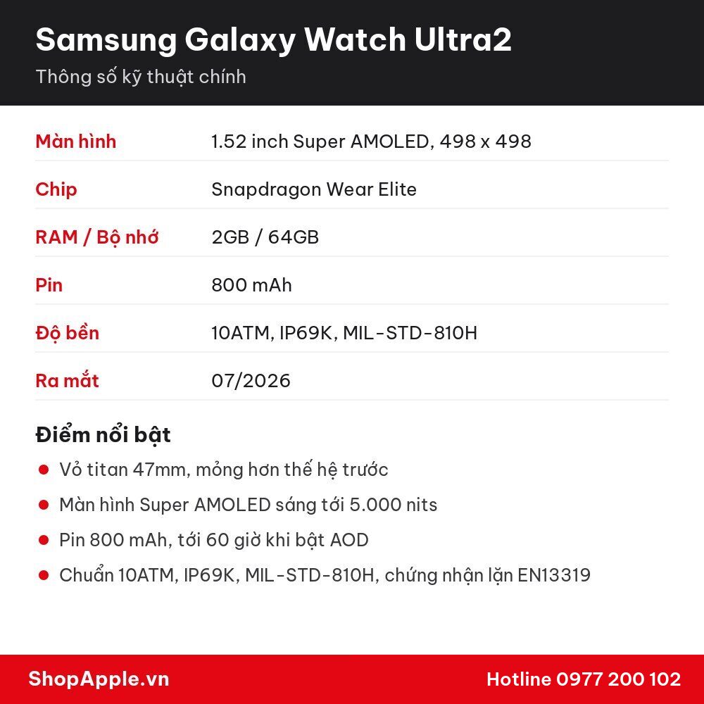 Thông số kỹ thuật Samsung Galaxy Watch Ultra2