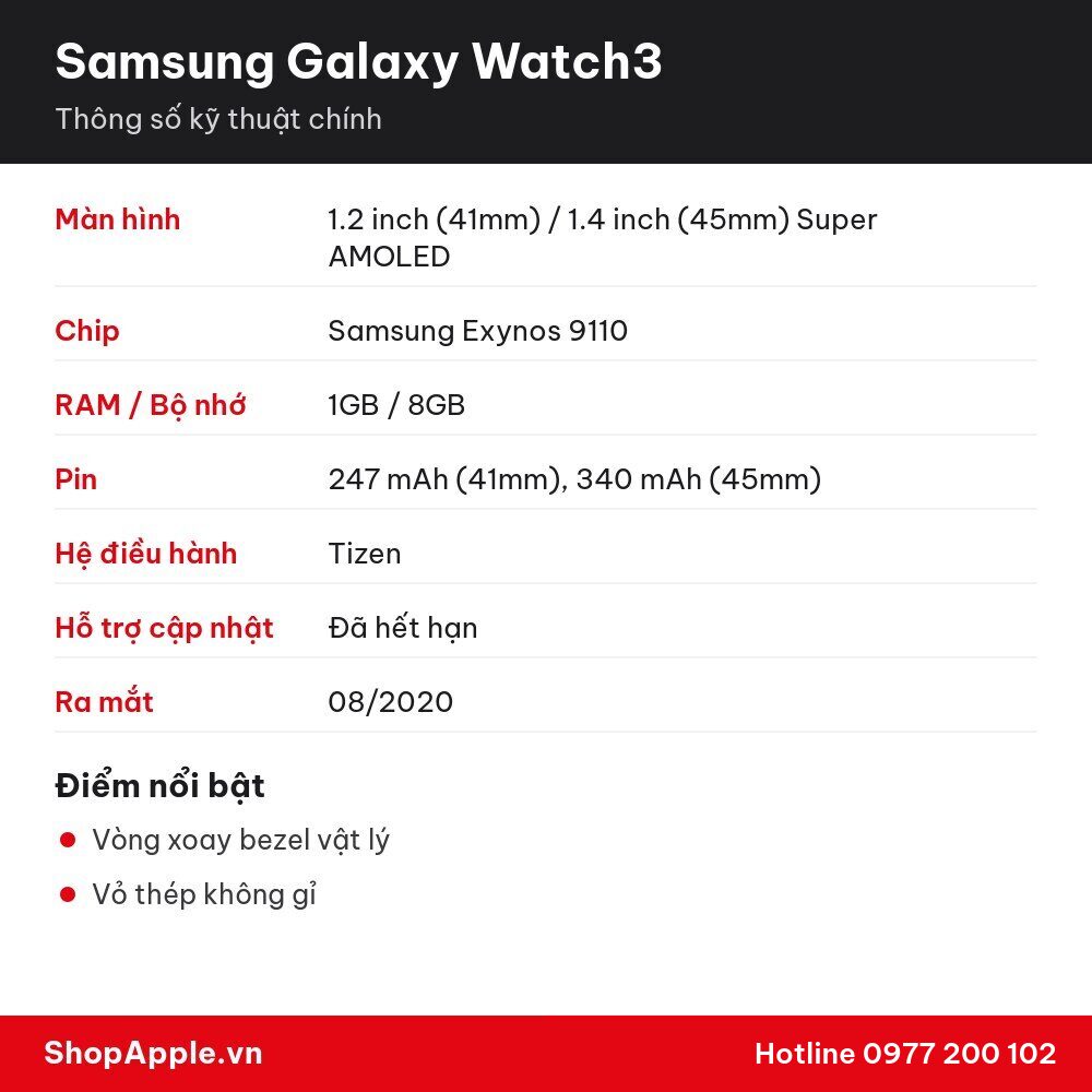 Thông số kỹ thuật Samsung Galaxy Watch3