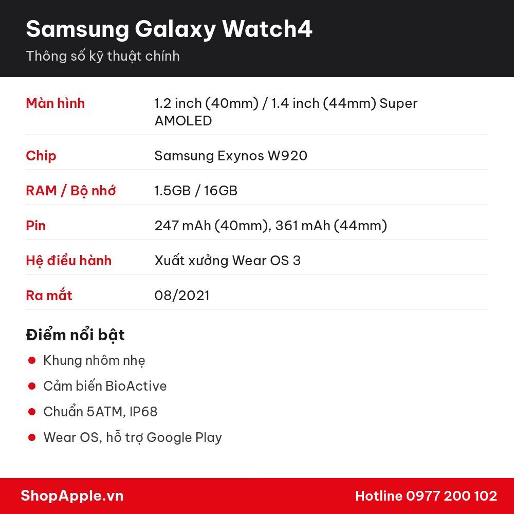 Thông số kỹ thuật Samsung Galaxy Watch4