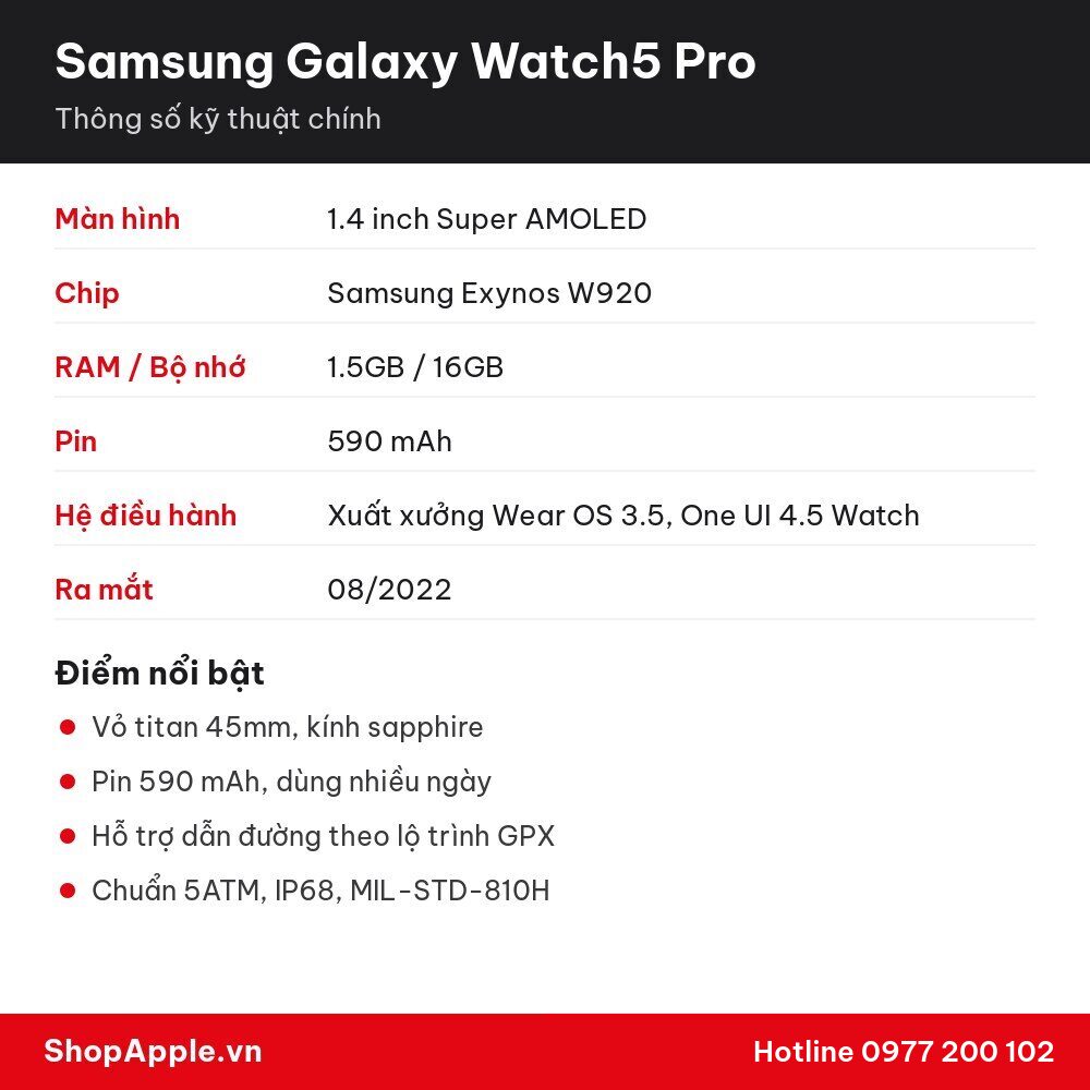 Thông số kỹ thuật Samsung Galaxy Watch5 Pro