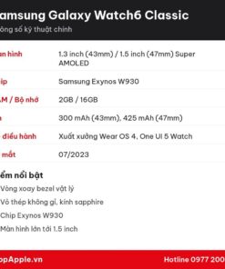 Thông số kỹ thuật Samsung Galaxy Watch6 Classic