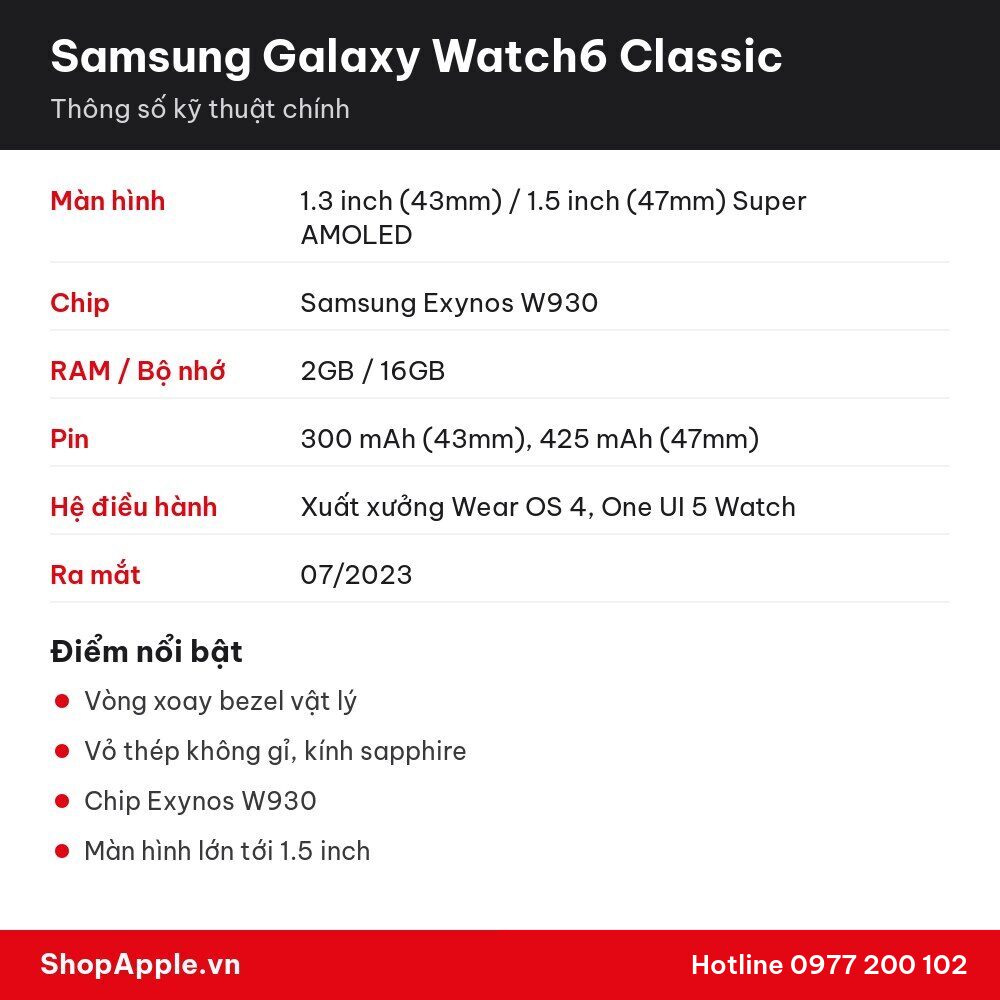 Thông số kỹ thuật Samsung Galaxy Watch6 Classic