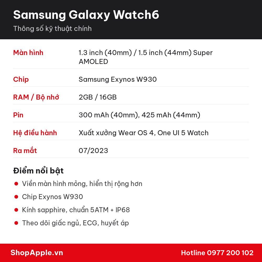 Thông số kỹ thuật Samsung Galaxy Watch6