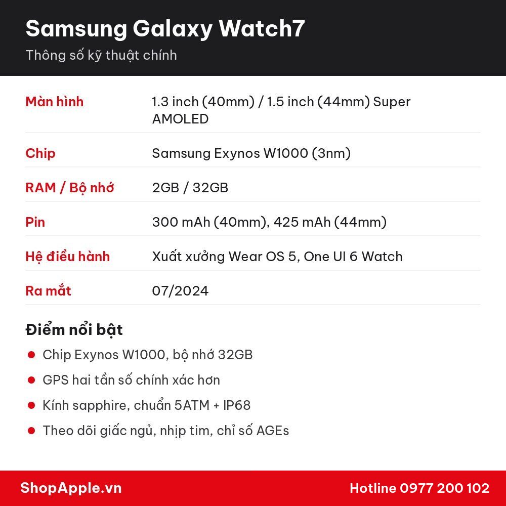 Thông số kỹ thuật Samsung Galaxy Watch7