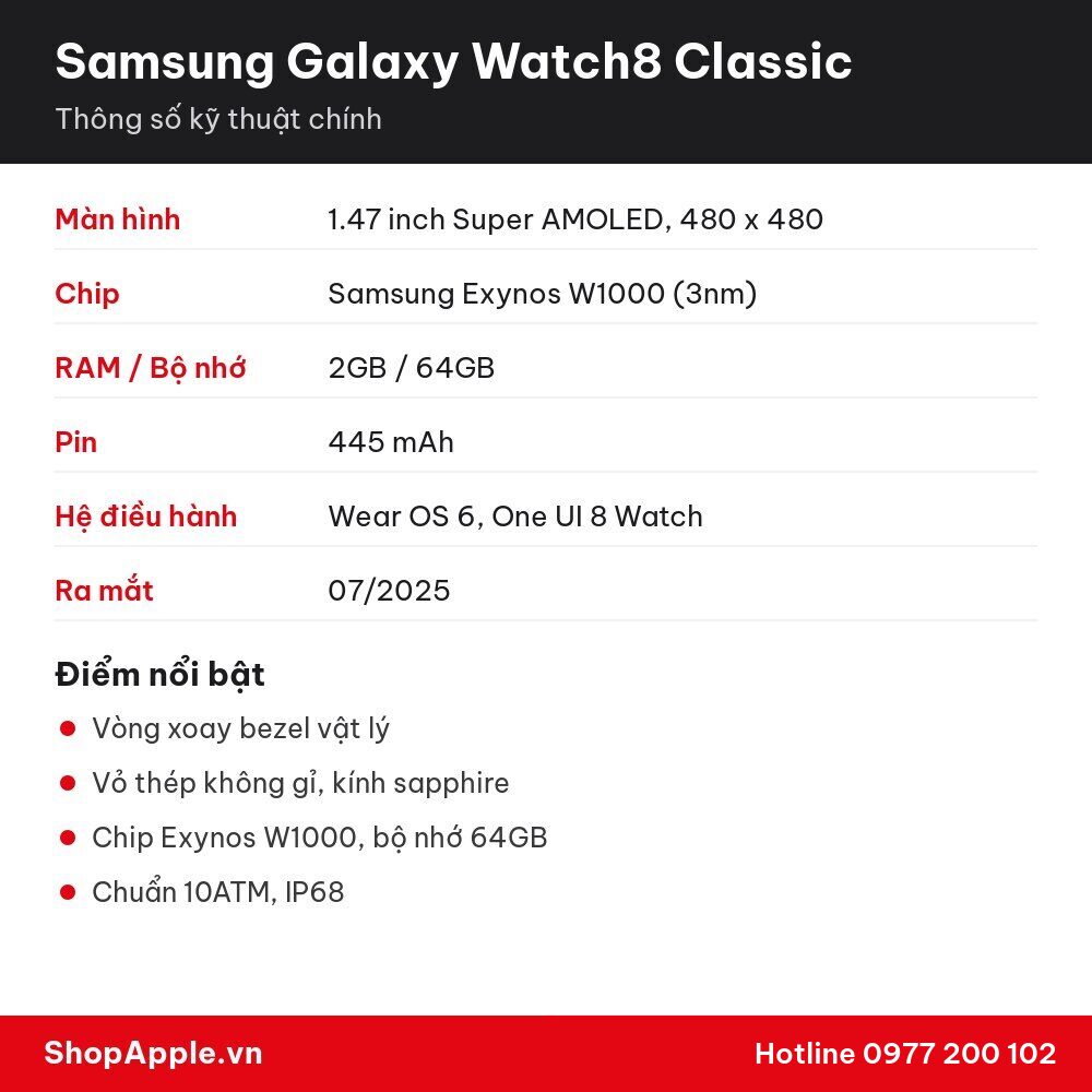 Thông số kỹ thuật Samsung Galaxy Watch8 Classic