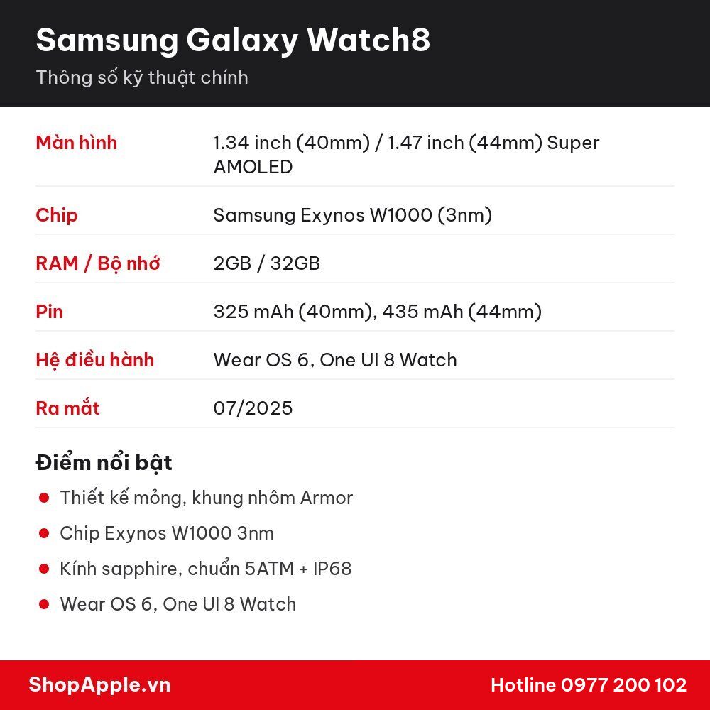 Thông số kỹ thuật Samsung Galaxy Watch8