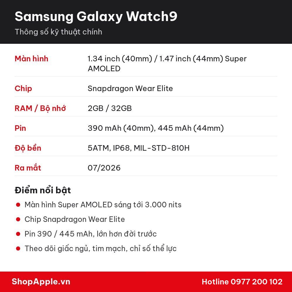 Thông số kỹ thuật Samsung Galaxy Watch9
