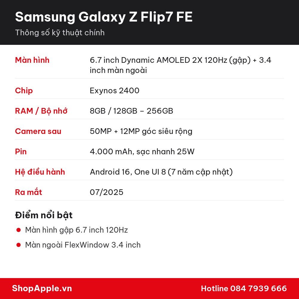 Thông số kỹ thuật Samsung Galaxy Z Flip7 FE