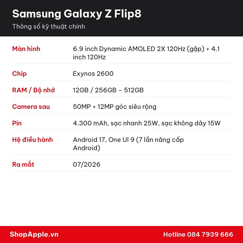 Thông số kỹ thuật Samsung Galaxy Z Flip8