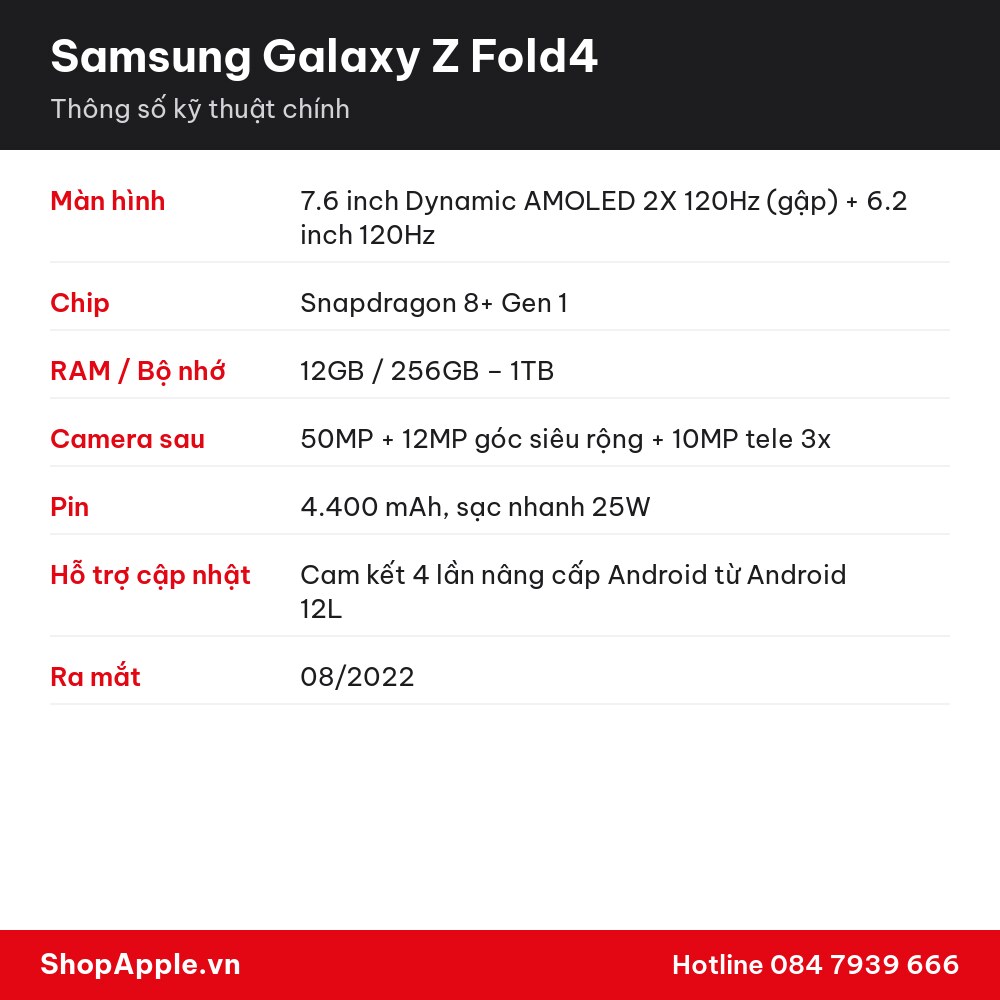 Thông số kỹ thuật Samsung Galaxy Z Fold4