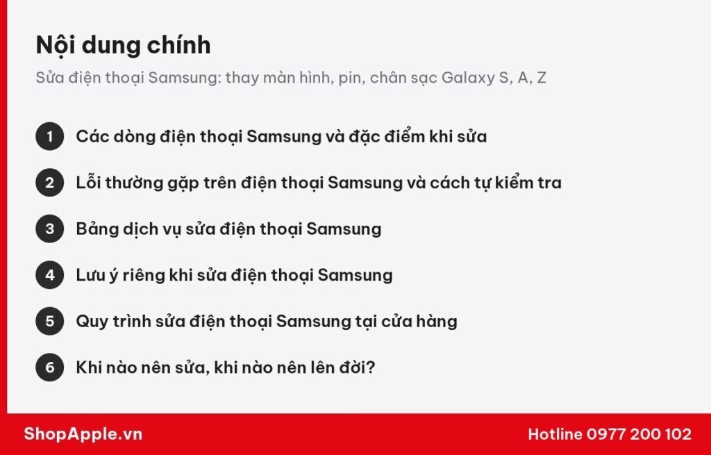 Tóm tắt nội dung: Sửa điện thoại Samsung: thay màn hình, pin, chân sạc Galaxy S, A, Z