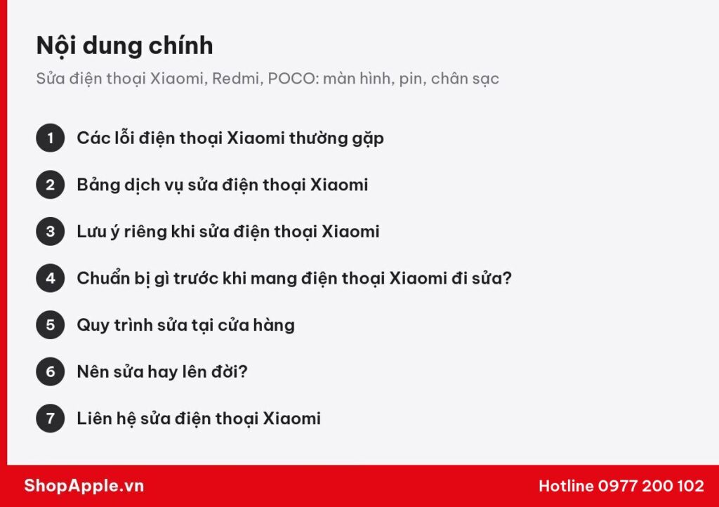 Tóm tắt nội dung: Sửa điện thoại Xiaomi, Redmi, POCO: màn hình, pin, chân sạc