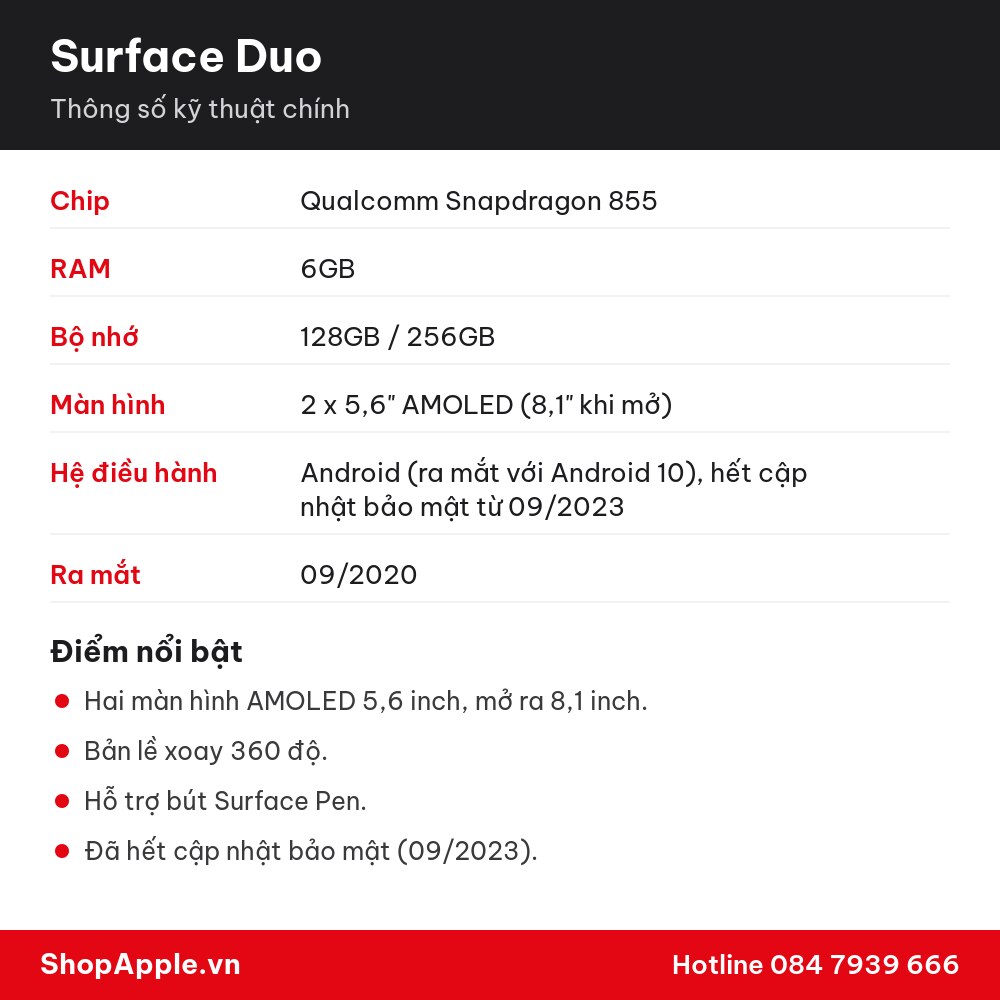 Thông số kỹ thuật Surface Duo
