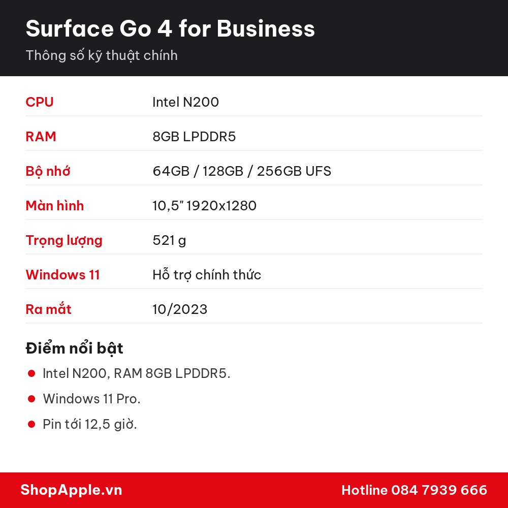 Thông số kỹ thuật Surface Go 4 for Business