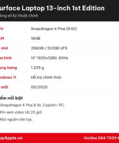 Thông số kỹ thuật Surface Laptop 13-inch 1st Edition