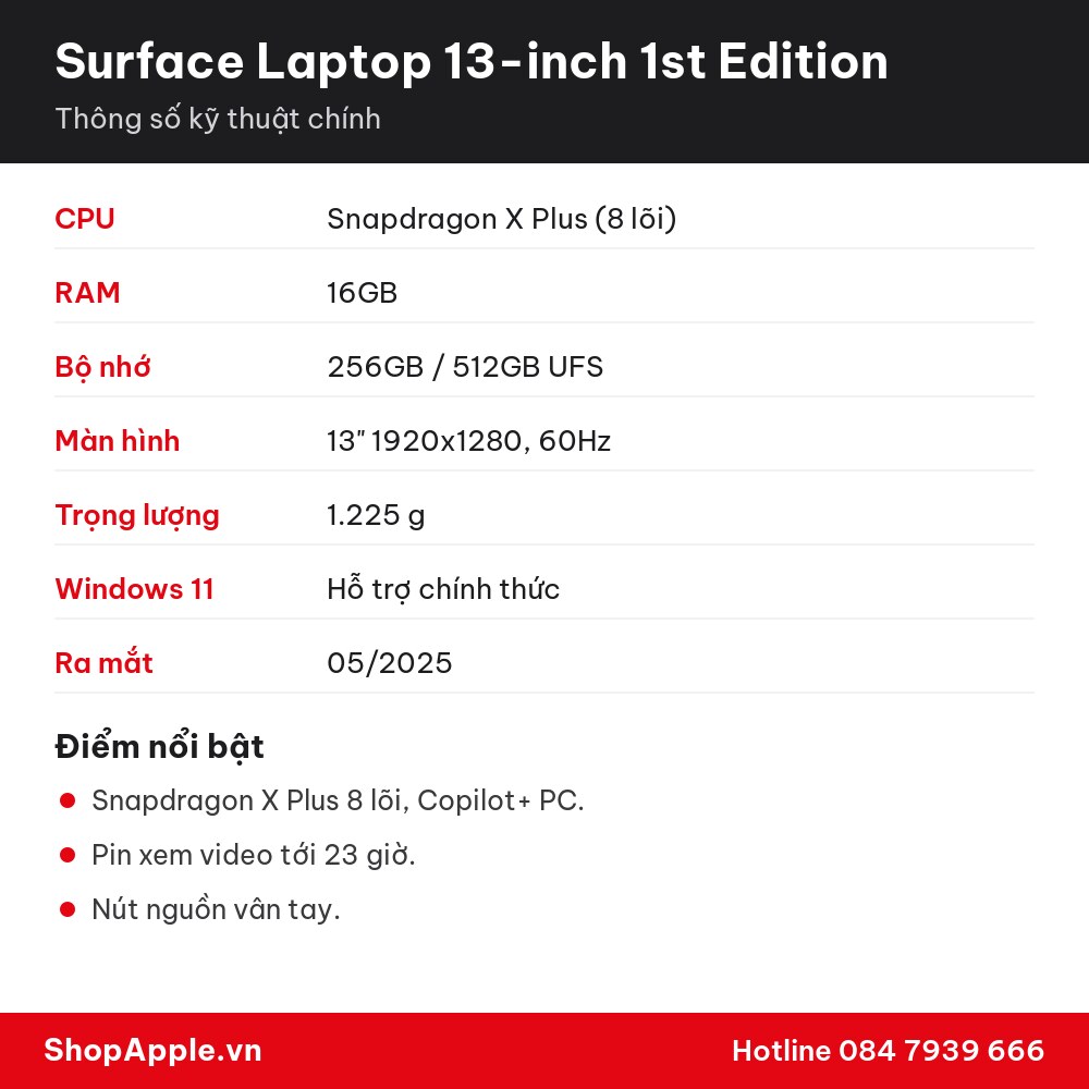 Thông số kỹ thuật Surface Laptop 13-inch 1st Edition