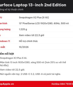 Thông số kỹ thuật Surface Laptop 13-inch 2nd Edition
