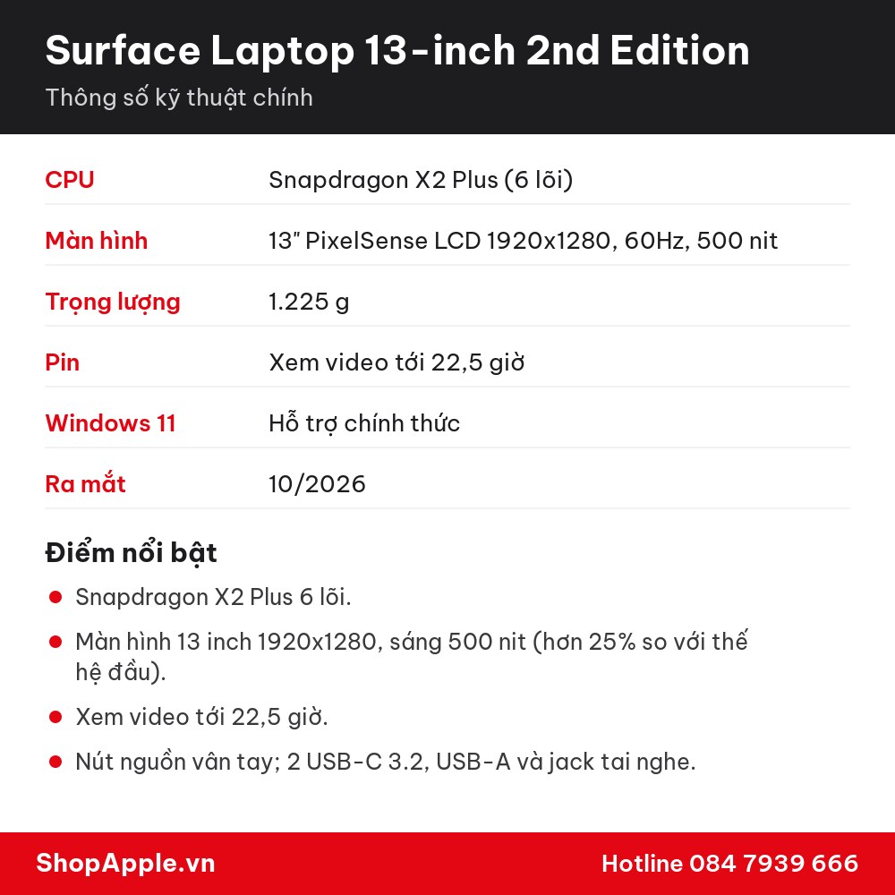 Thông số kỹ thuật Surface Laptop 13-inch 2nd Edition
