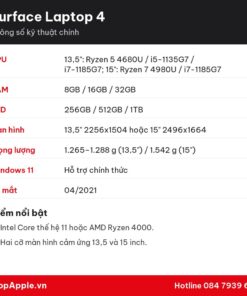 Thông số kỹ thuật Surface Laptop 4