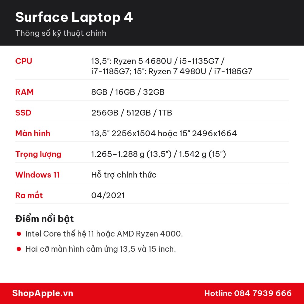Thông số kỹ thuật Surface Laptop 4