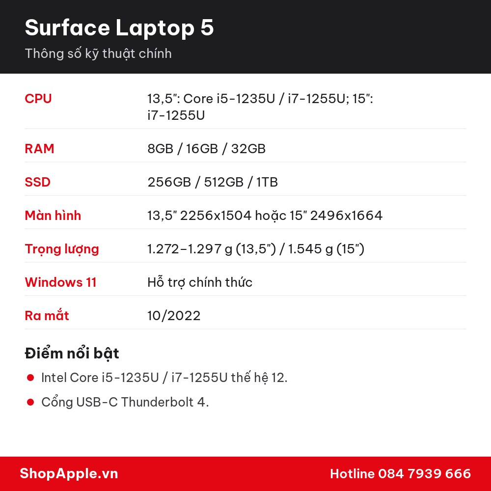 Thông số kỹ thuật Surface Laptop 5
