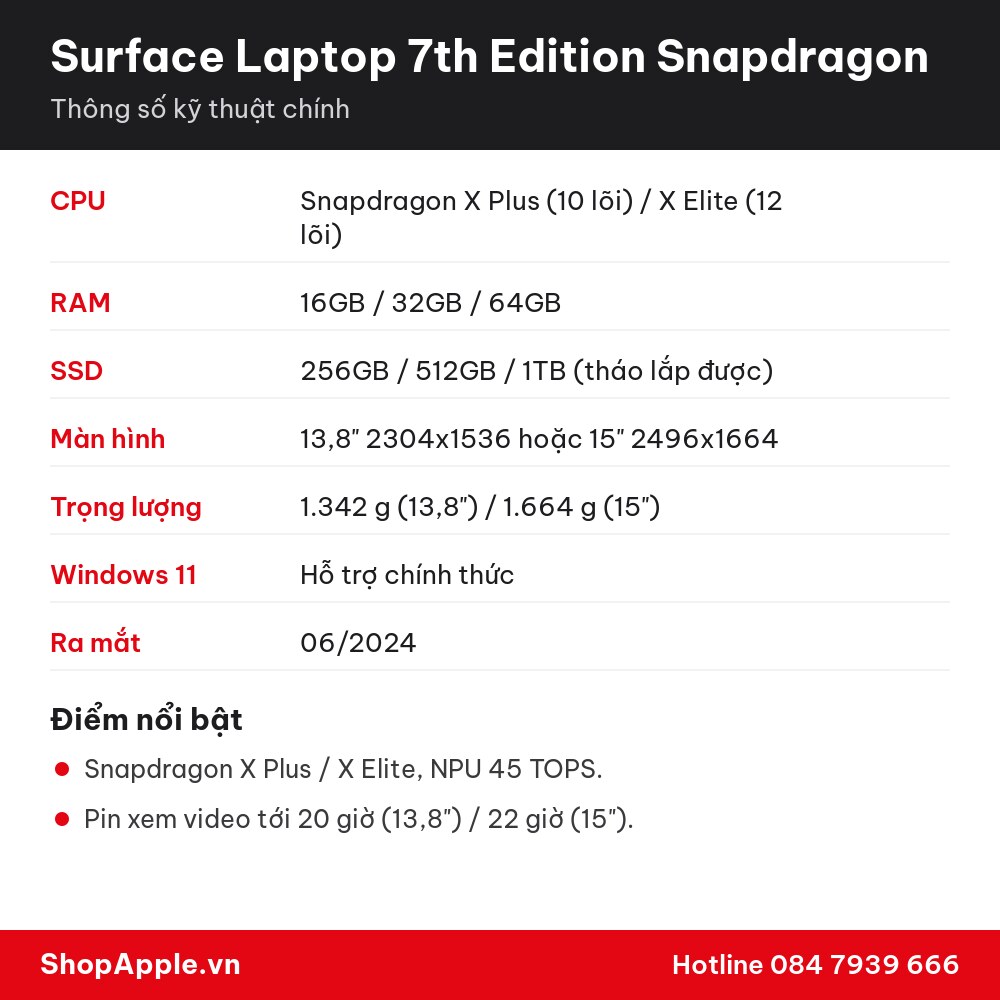 Thông số kỹ thuật Surface Laptop 7th Edition Snapdragon