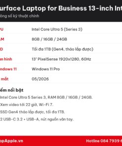 Thông số kỹ thuật Surface Laptop for Business 13-inch Intel