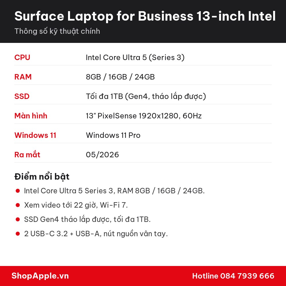 Thông số kỹ thuật Surface Laptop for Business 13-inch Intel