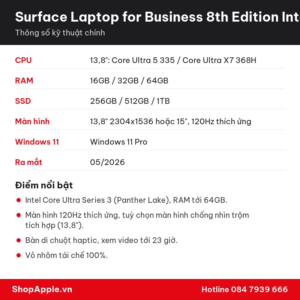 Thông số kỹ thuật Surface Laptop for Business 8th Edition Intel