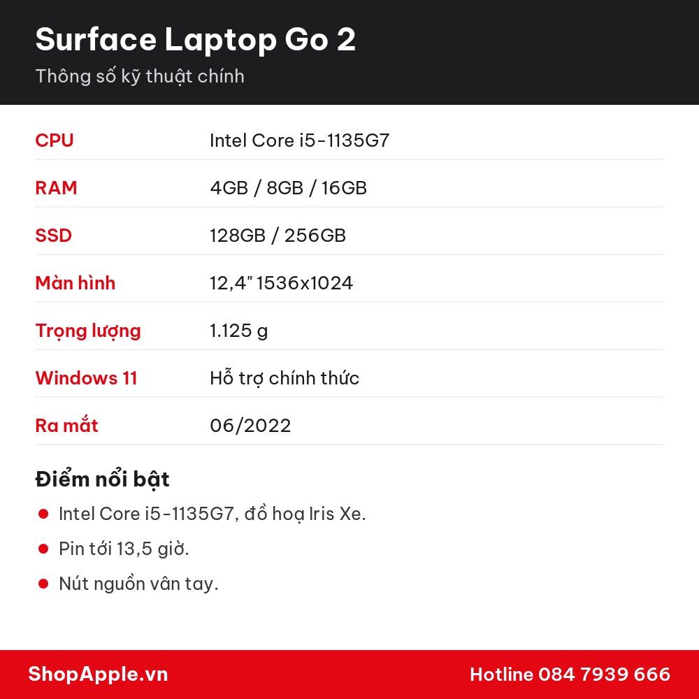 Thông số kỹ thuật Surface Laptop Go 2