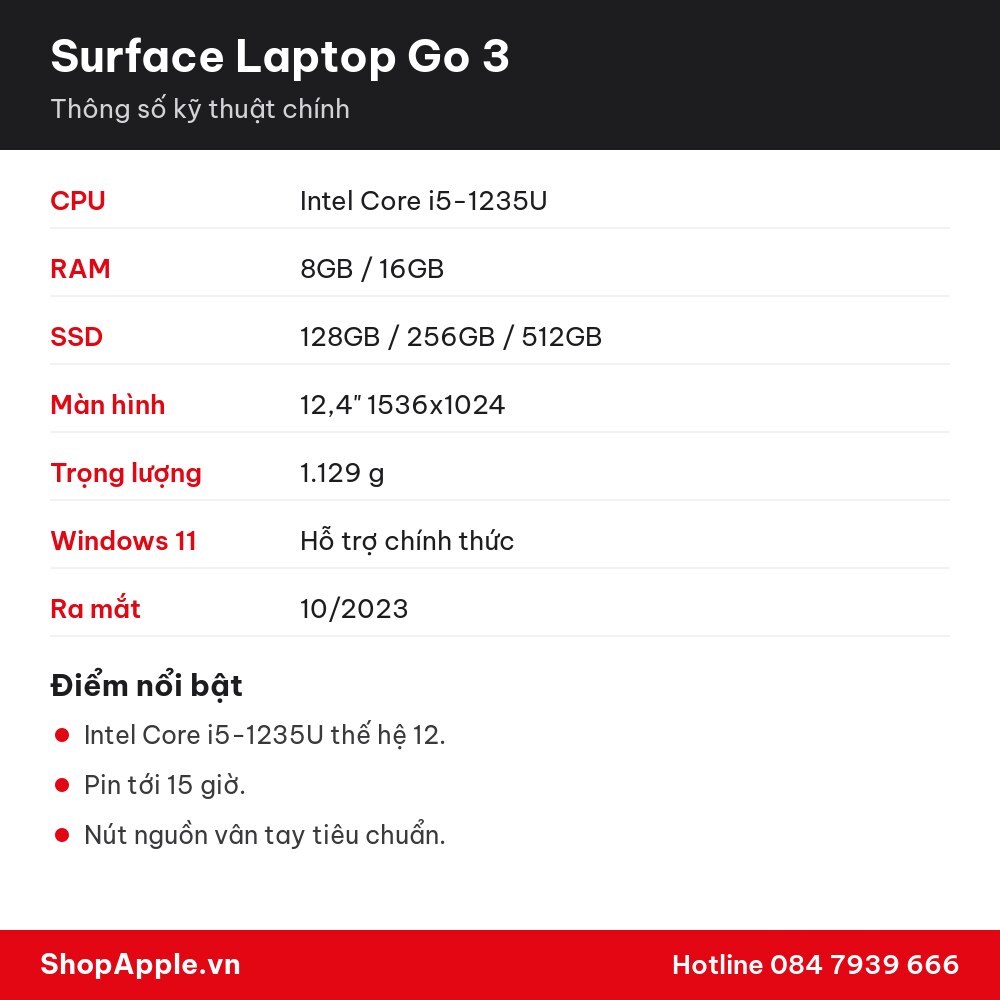 Thông số kỹ thuật Surface Laptop Go 3