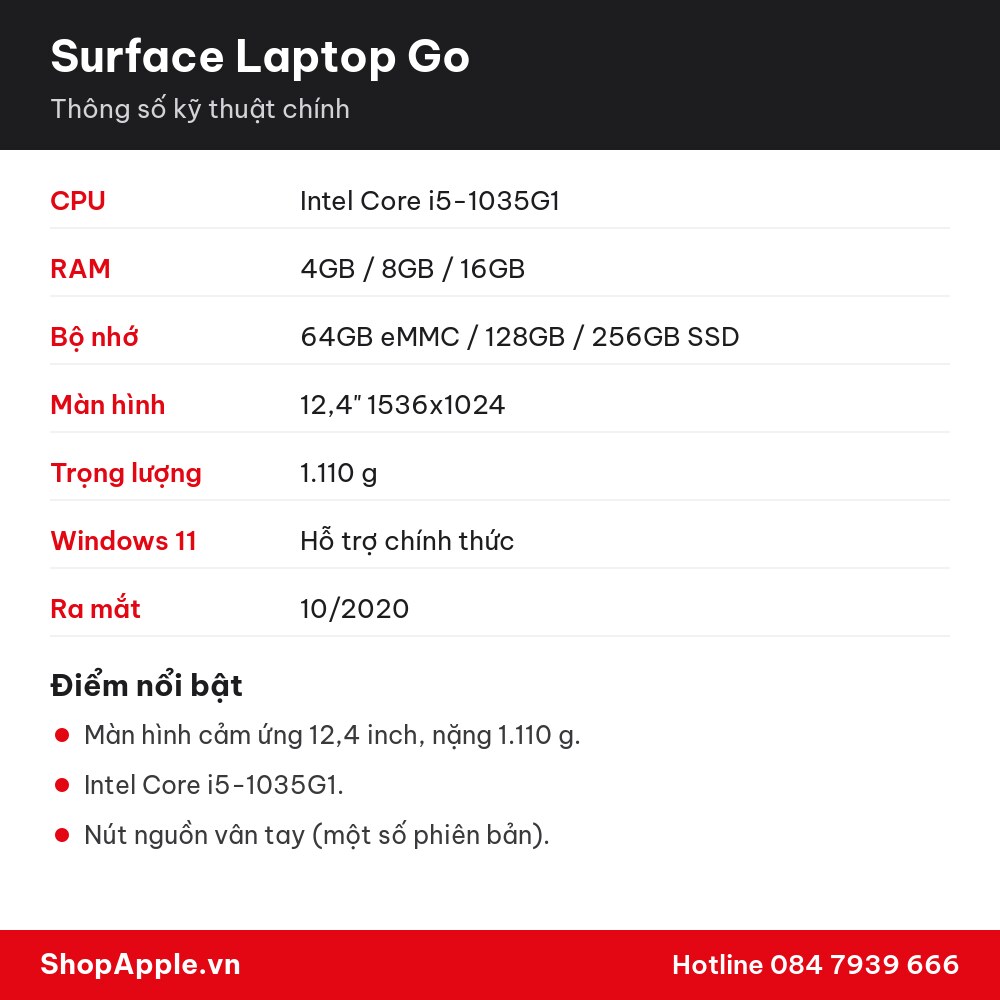 Thông số kỹ thuật Surface Laptop Go