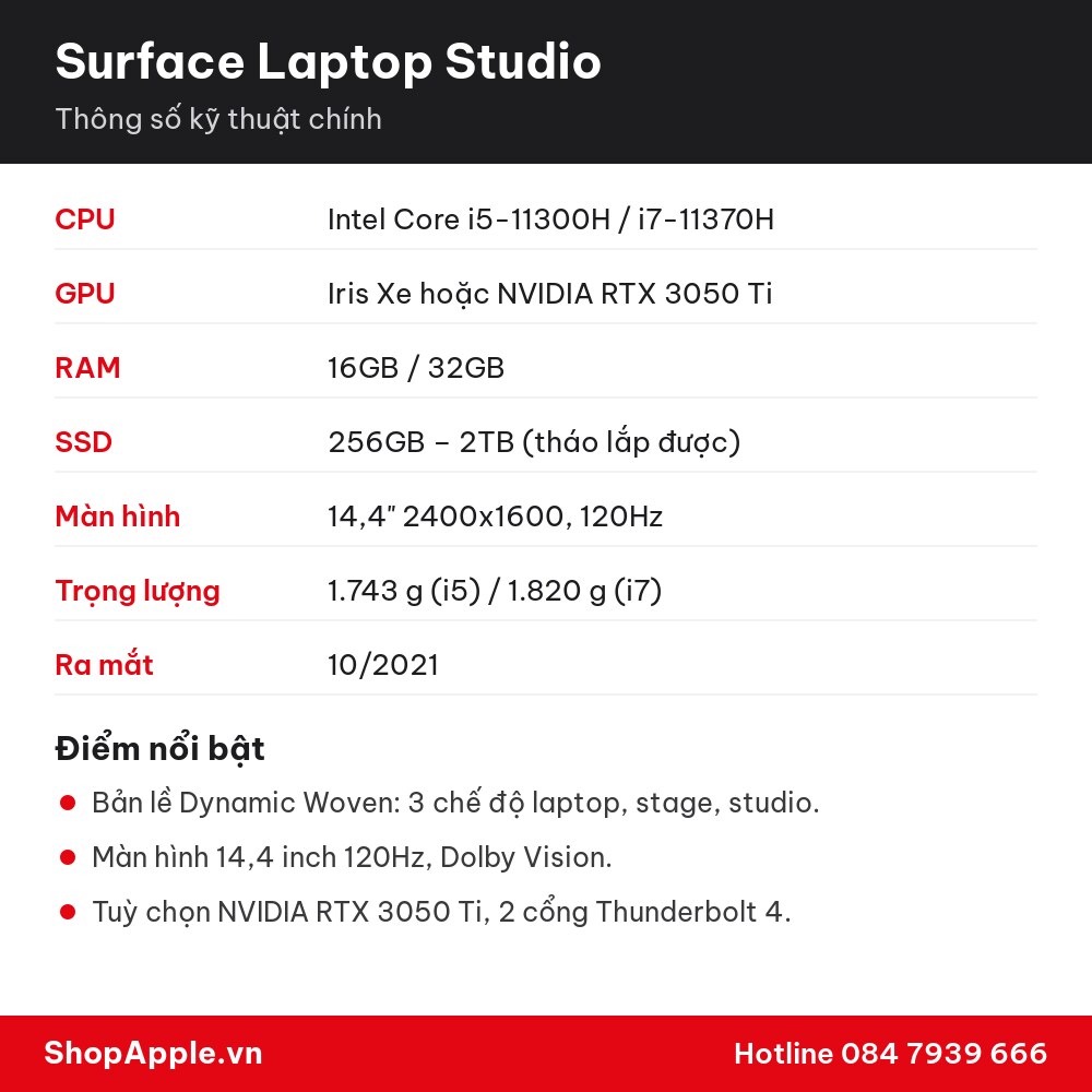 Thông số kỹ thuật Surface Laptop Studio