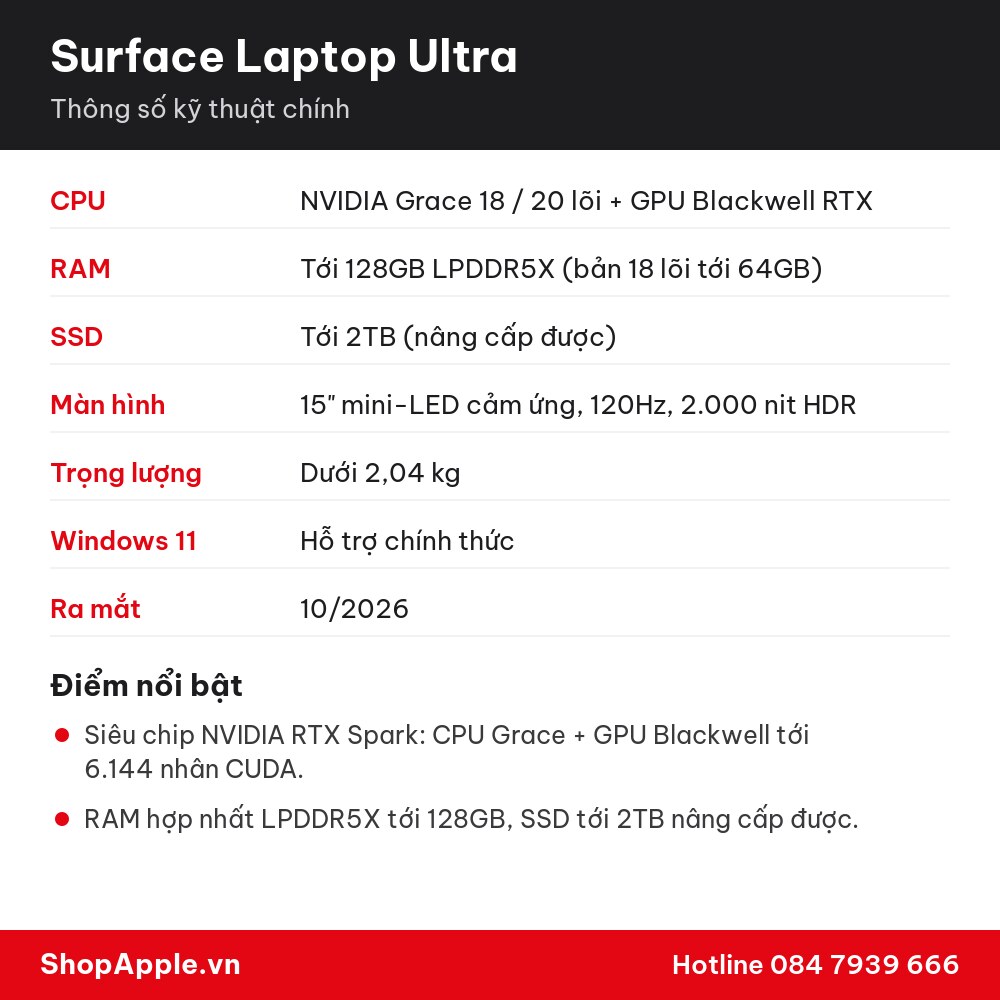 Thông số kỹ thuật Surface Laptop Ultra