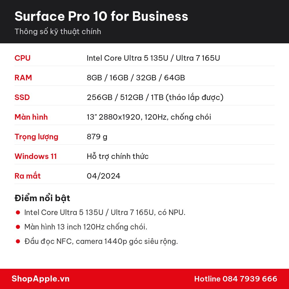 Thông số kỹ thuật Surface Pro 10 for Business