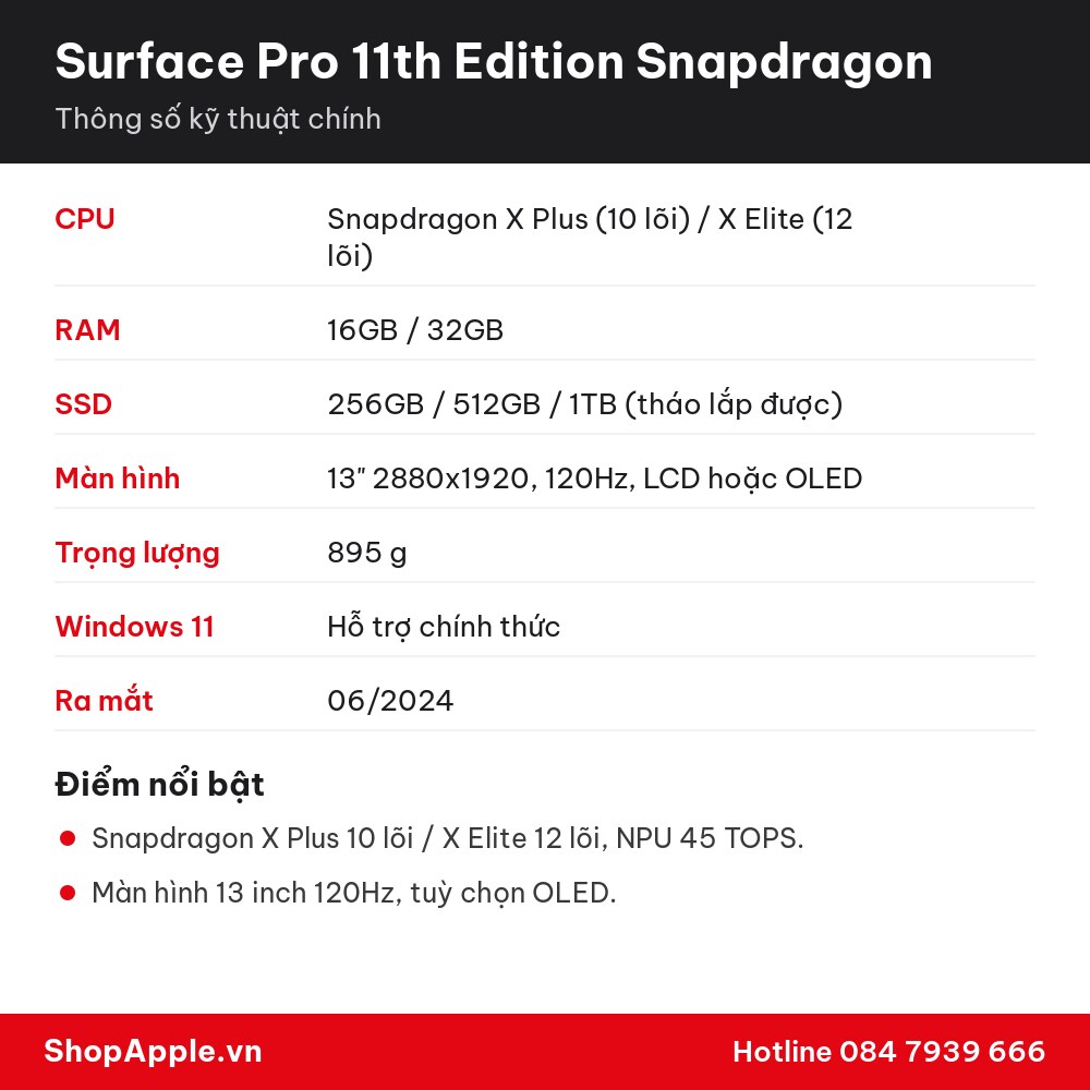 Thông số kỹ thuật Surface Pro 11th Edition Snapdragon