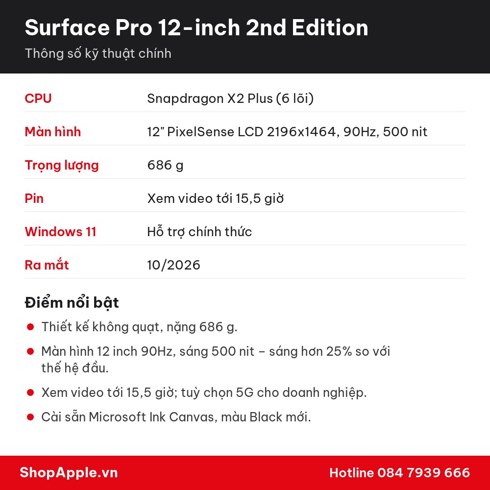 Thông số kỹ thuật Surface Pro 12-inch 2nd Edition