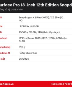 Thông số kỹ thuật Surface Pro 13-inch 12th Edition Snapdragon