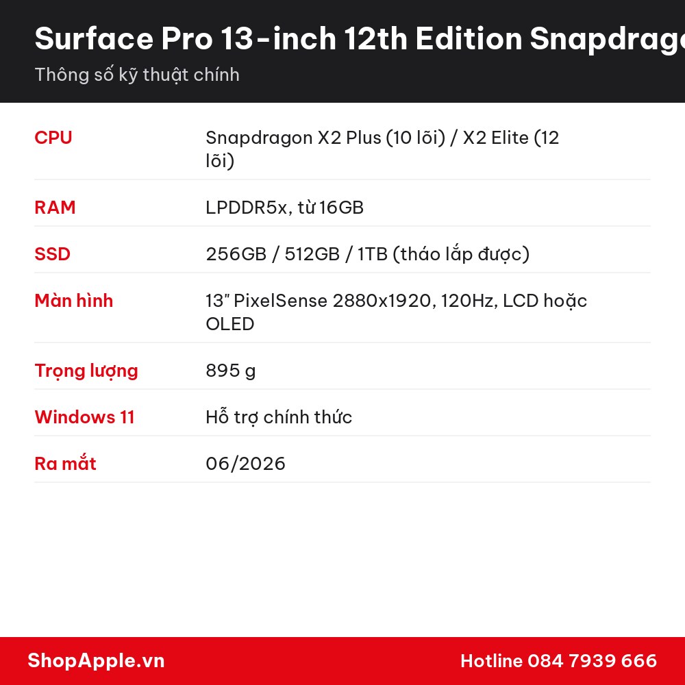 Thông số kỹ thuật Surface Pro 13-inch 12th Edition Snapdragon