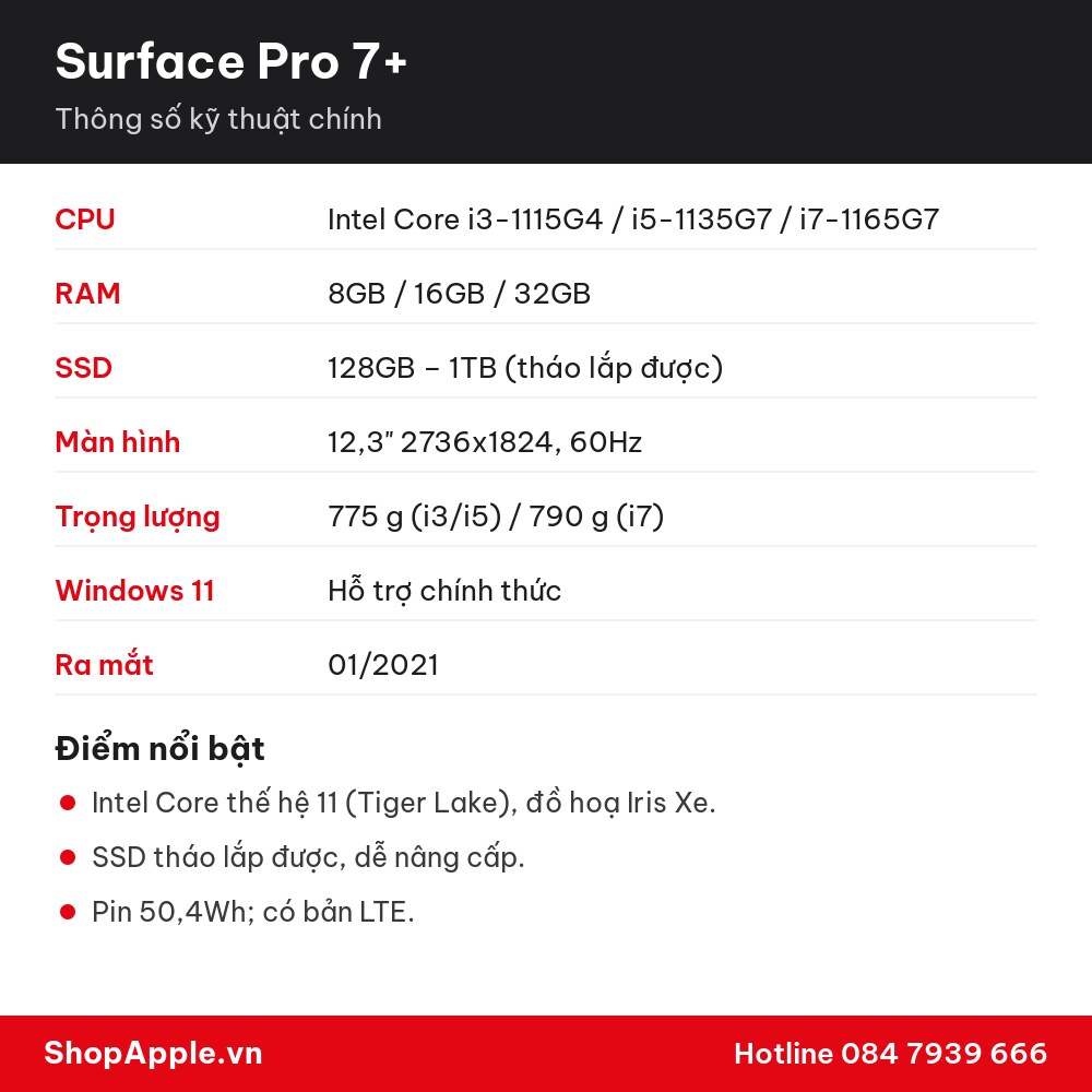 Thông số kỹ thuật Surface Pro 7+