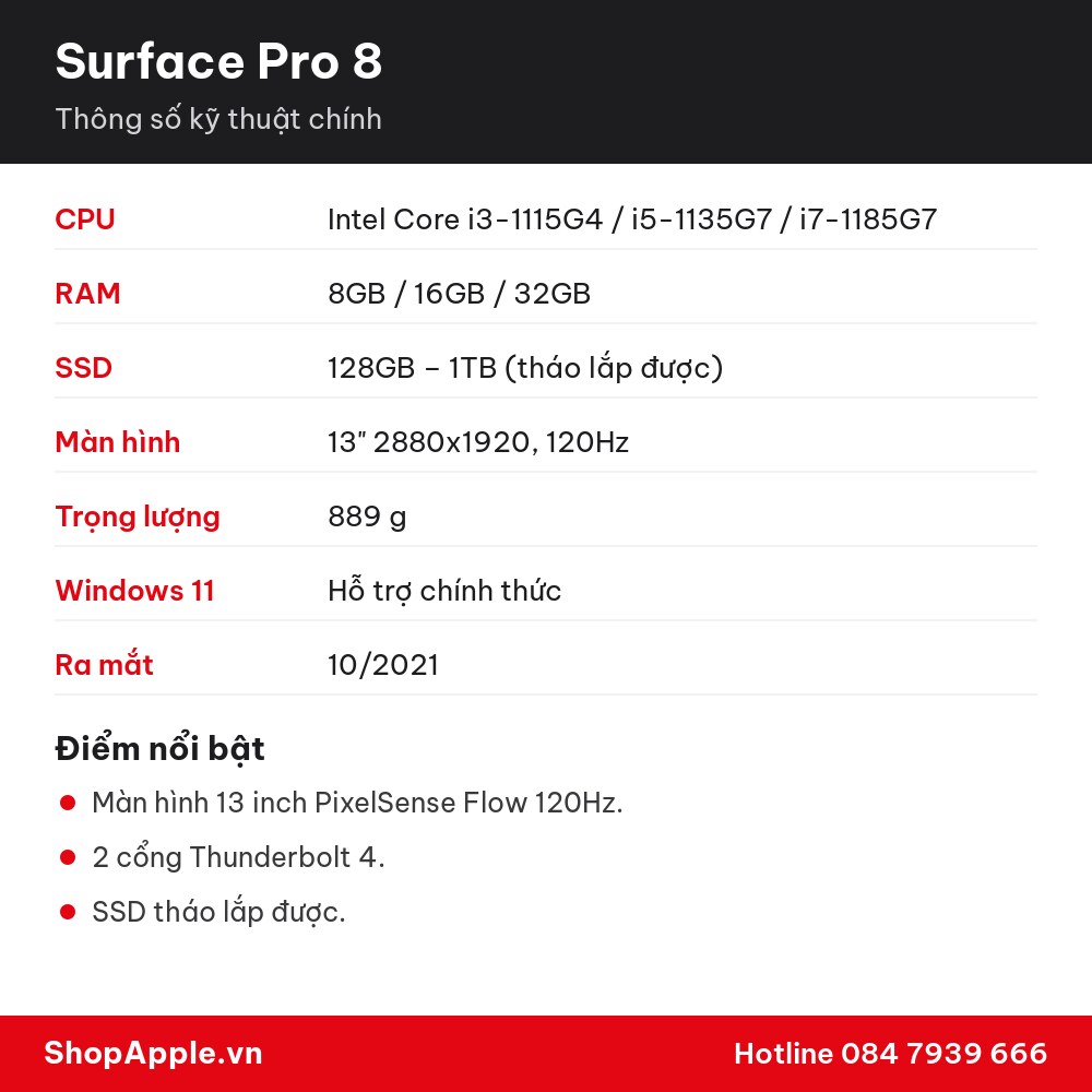Thông số kỹ thuật Surface Pro 8