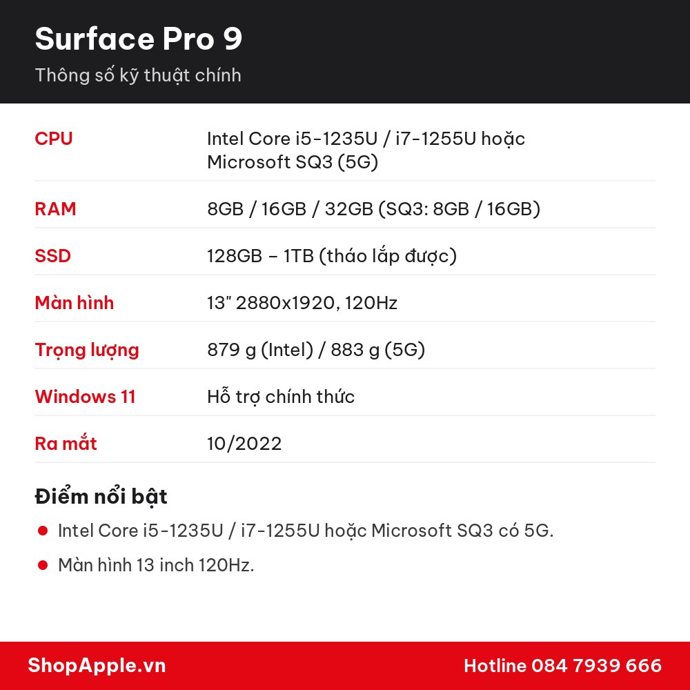 Thông số kỹ thuật Surface Pro 9