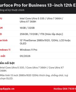 Thông số kỹ thuật Surface Pro for Business 13-inch 12th Edition Intel