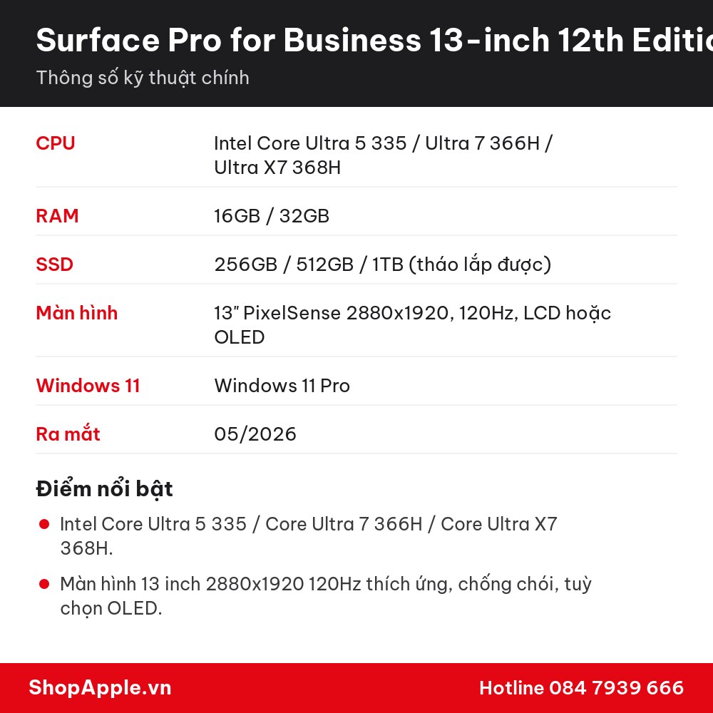 Thông số kỹ thuật Surface Pro for Business 13-inch 12th Edition Intel