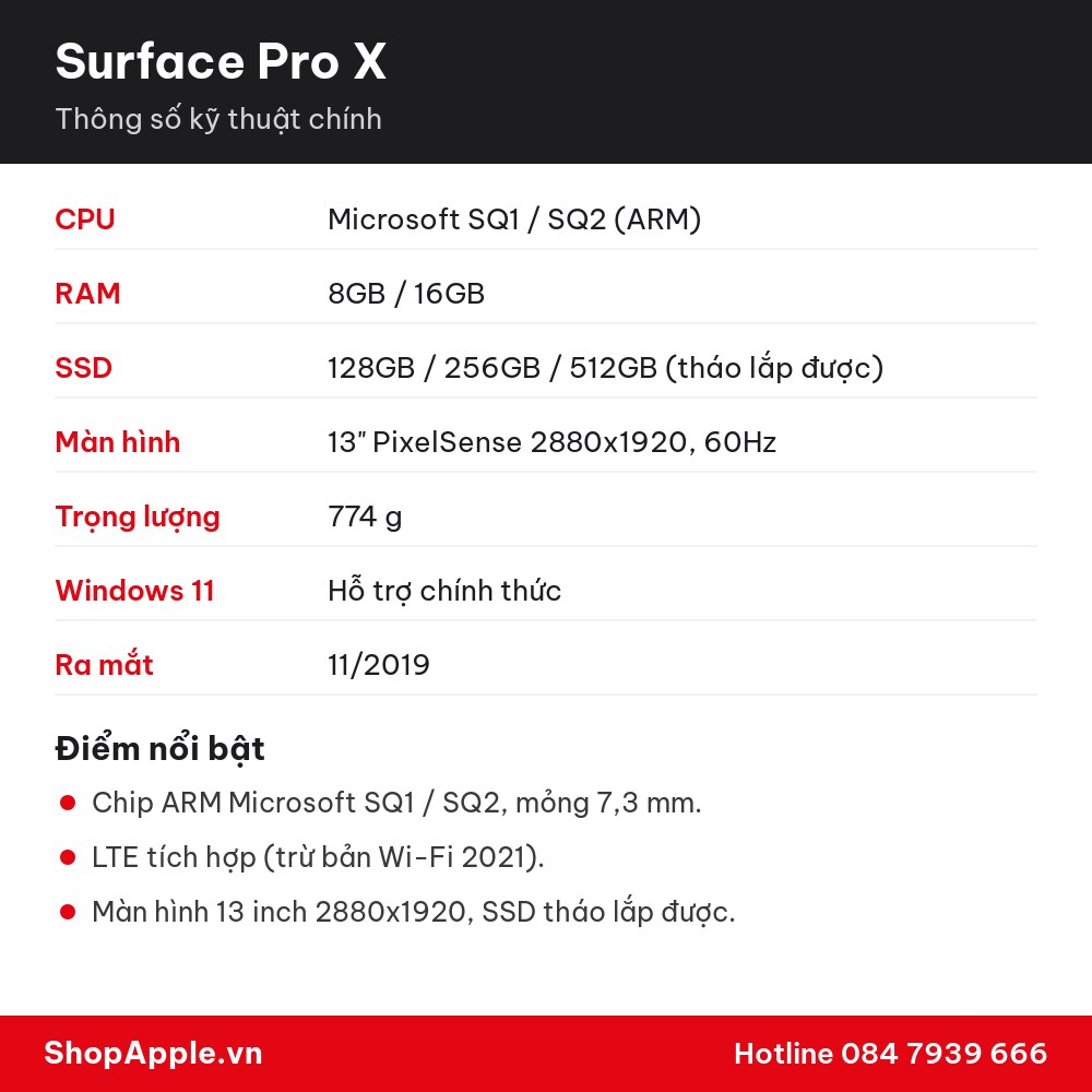 Thông số kỹ thuật Surface Pro X
