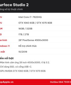 Thông số kỹ thuật Surface Studio 2