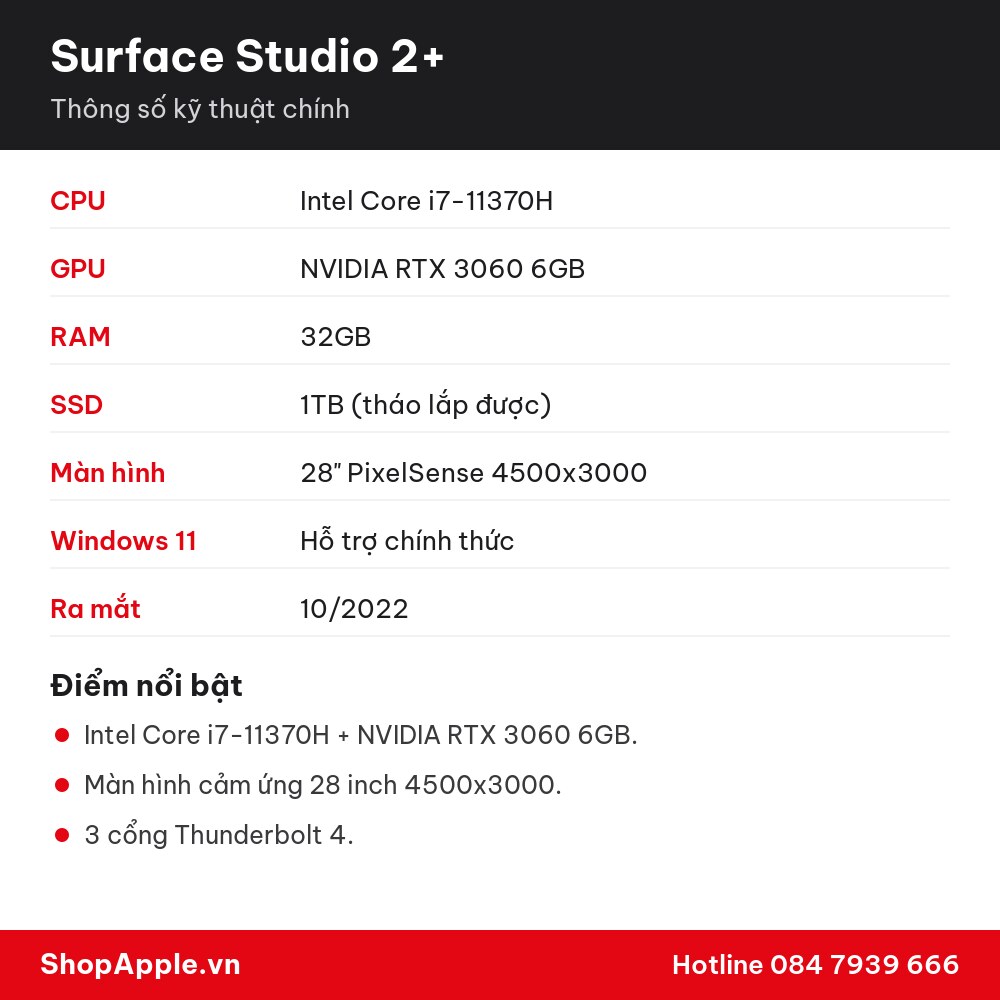Thông số kỹ thuật Surface Studio 2+