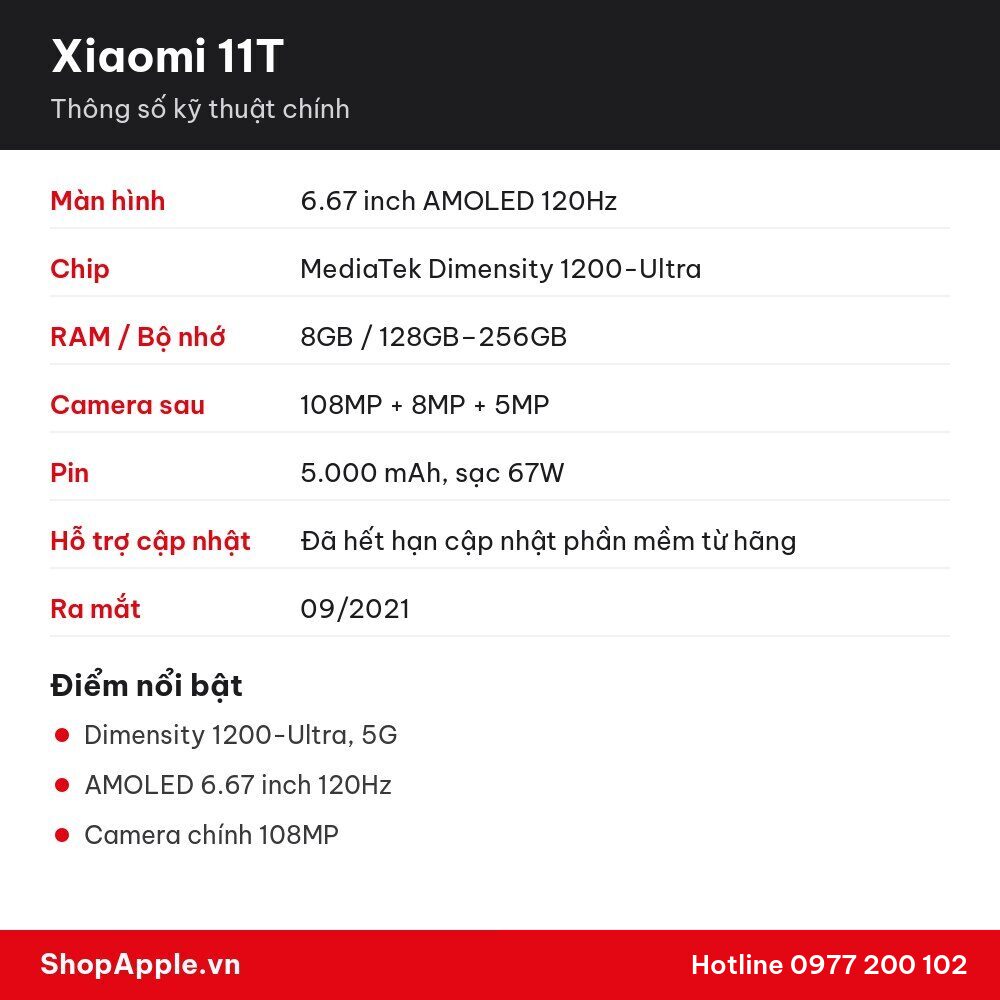 Thông số kỹ thuật Xiaomi 11T