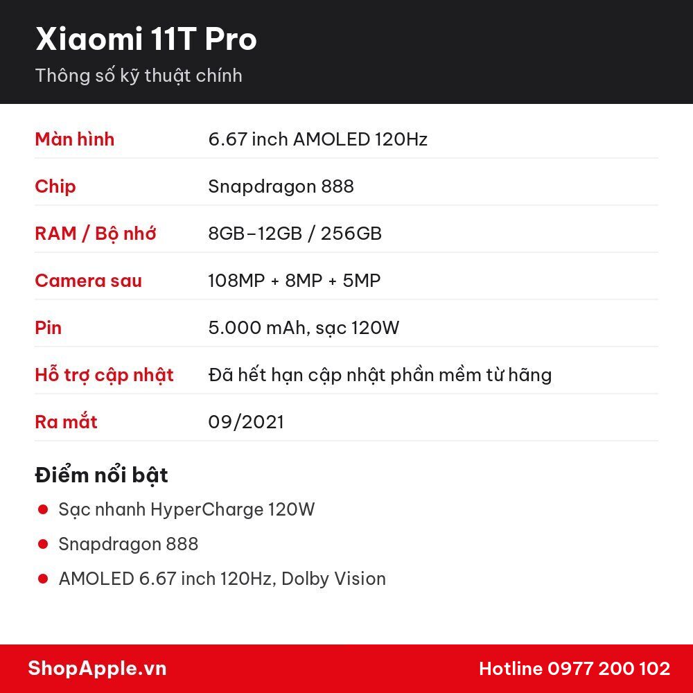 Thông số kỹ thuật Xiaomi 11T Pro