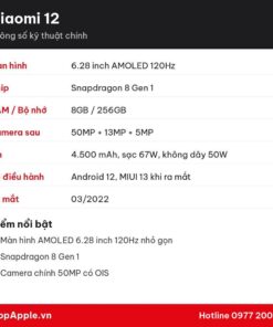 Thông số kỹ thuật Xiaomi 12